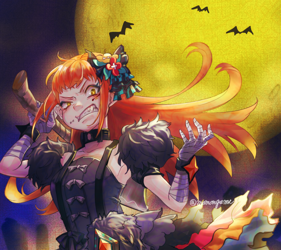 1girl, axe, bandaged_arm, bandaged_hand, bandages, bat_(animal), eyeliner, facial_mark