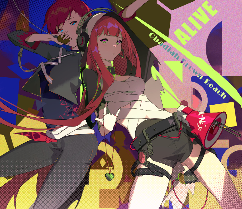 2girls, \m/, absurdres, arknights, aya_(arknights), bandages, character_request, cytus