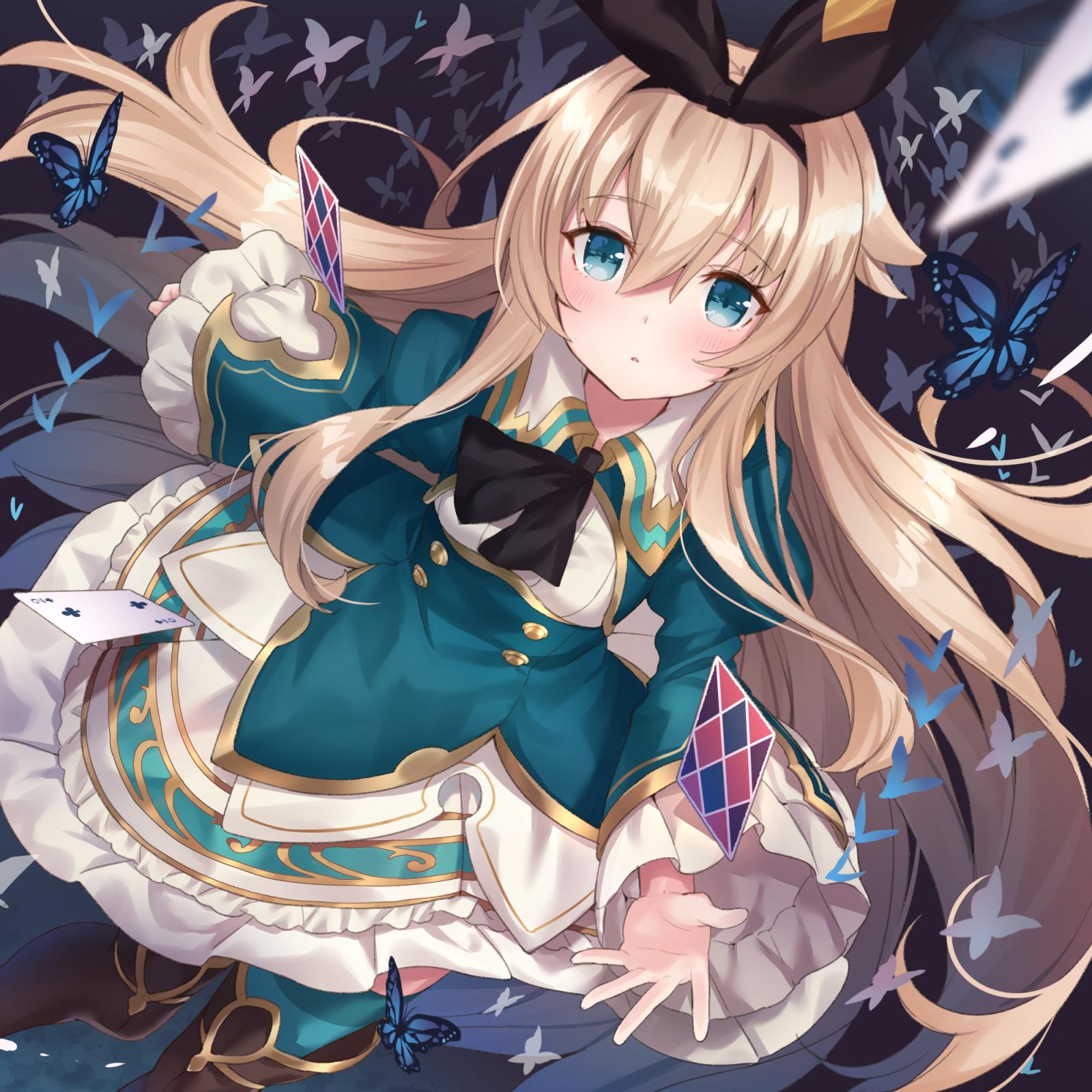 1girl, alice_(grimms_echoes), black_hairband, blonde_hair, blue_butterfly, blue_eyes, blush, bug