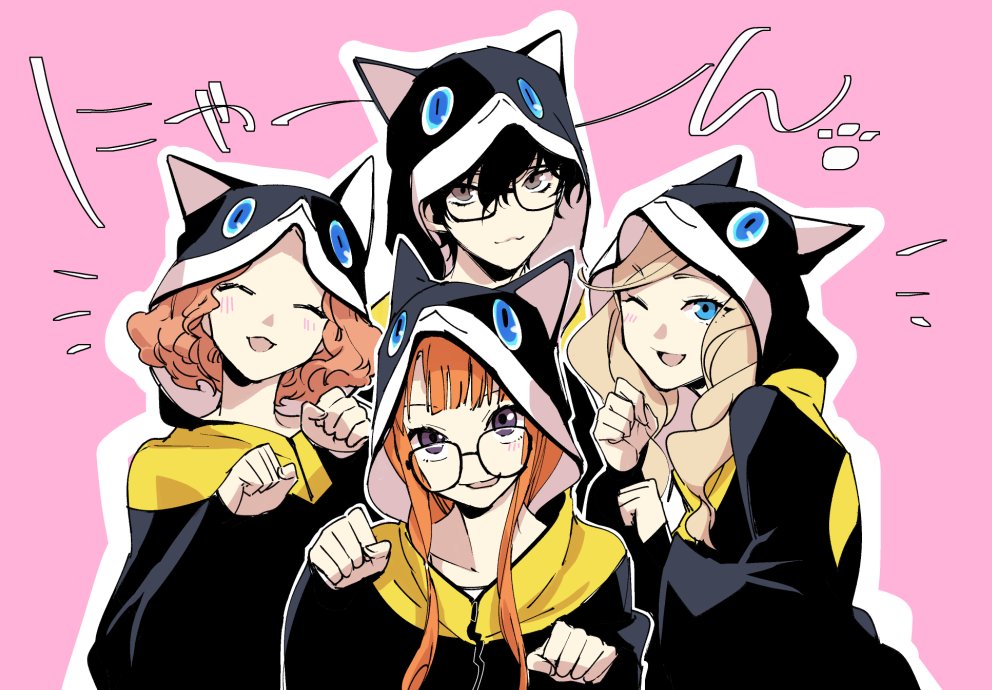 1boy, 3girls, :3, ^_^, amamiya_ren, animal_costume, animal_hood, black_hair