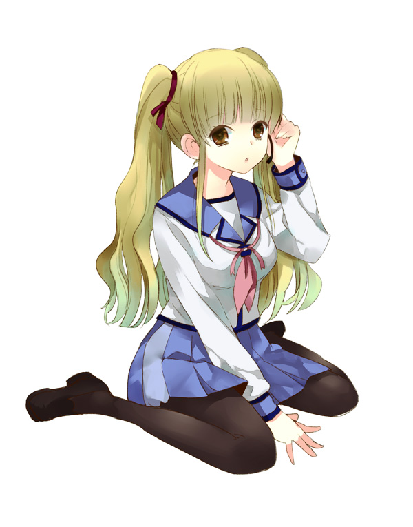 black_legwear, blonde_hair, brown_eyes, hair_ribbon, headset, iwashi_(morpho000), long_hair, microphone, pantyhose, ribbon, school_uniform, serafuku, shoes, twintails, yusa, yusa_(angel_beats!)