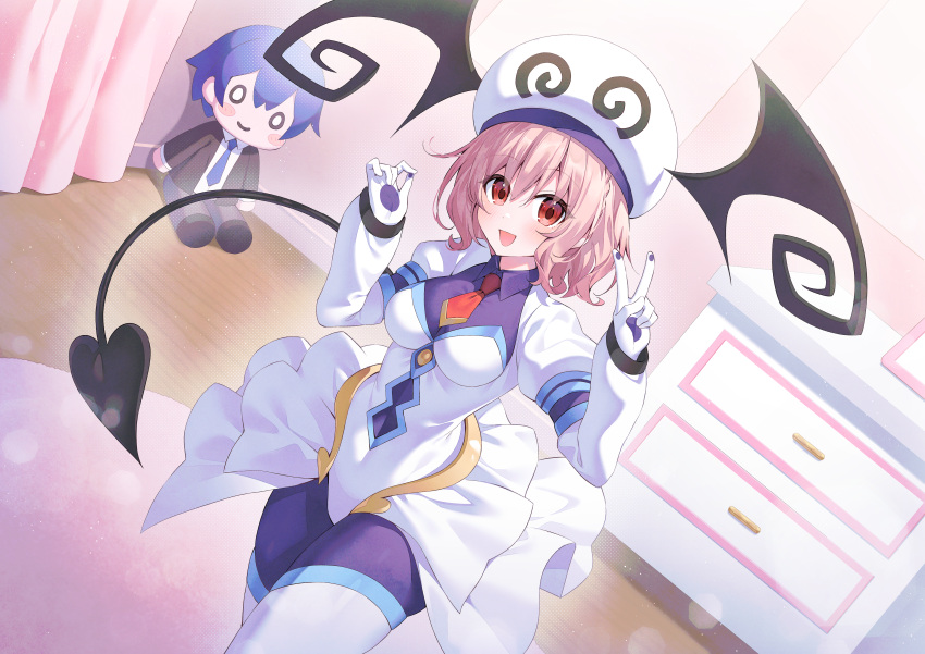 1girl, absurdres, binato_lulu, blazer, blue_hair, bodysuit, braid, breasts, character_doll, commission, cosplay, crown_braid, curtains, date_a_live, date_a_live:_rinne_utopia, demon_tail, dutch_angle, hair_between_eyes, hat, highres, indoors, itsuka_shidou, jacket, lala_satalin_deviluke, lala_satalin_deviluke_(cosplay), looking_at_viewer, medium_breasts, open_mouth, peke, pink_carpet, pink_hair, pixiv_commission, puffy_sleeves, raizen_high_school_uniform, red_eyes, school_uniform, short_hair, smile, solo, sonogami_rinne, tail, to_love-ru, v, white_hat, winged_hat