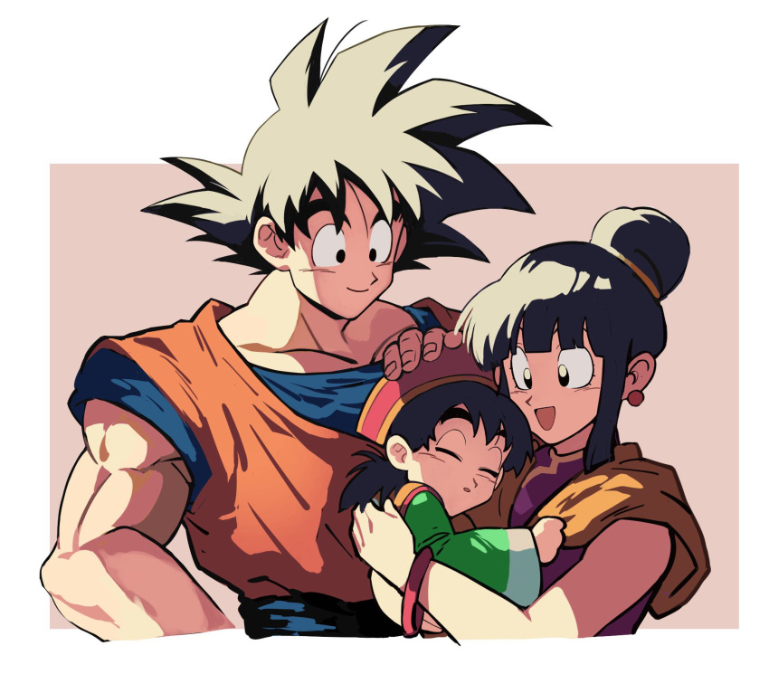 1girl, 2boys, :d, black_eyes, black_hair, blunt_bangs, border, bracelet
