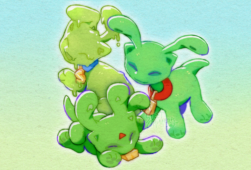 aisha_(neopets), alien_aisha, animal_focus, antennae, chibi, chibi_only, closed_eyes, collar, commentary, english_commentary, full_body, green_background, green_theme, highres, lying, neopet_(creature), neopets, no_humans, pawpads, simple_background, slime_(substance), snot_neopet, standing, sweetchimera, tail, watermark