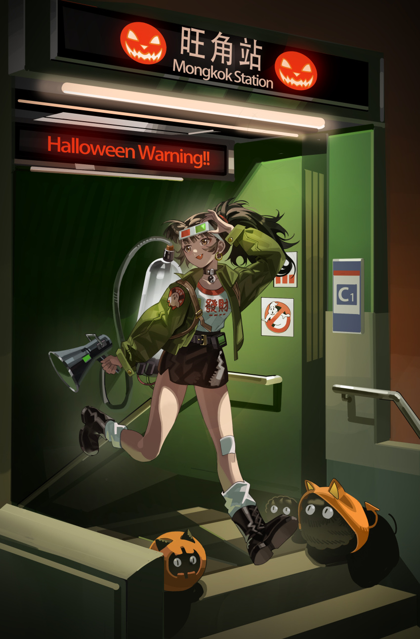 1girl, 3d_glasses, :d, absurdres, adjusting_eyewear, an-an_lee, arm_up, backpack