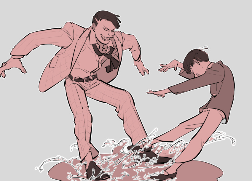 2boys, belt, child, grin, jacket, long_sleeves, loose_necktie, male_focus
