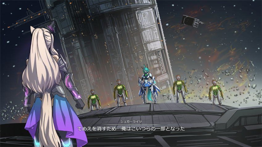 2girls, 4boys, animal_ears, armor, armored_core, armored_core_6, biwa_hayahide_(engineered_victory)_(umamusume), christophe_lemaire