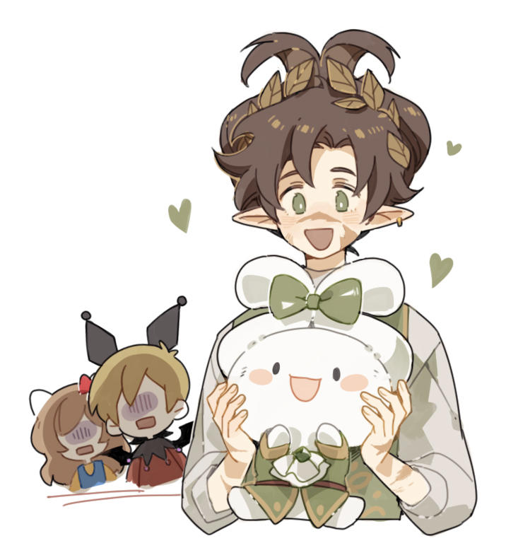 1girl, 2boys, animal, animal_ears, bat_wings, blush_stickers, bow, brown_hair