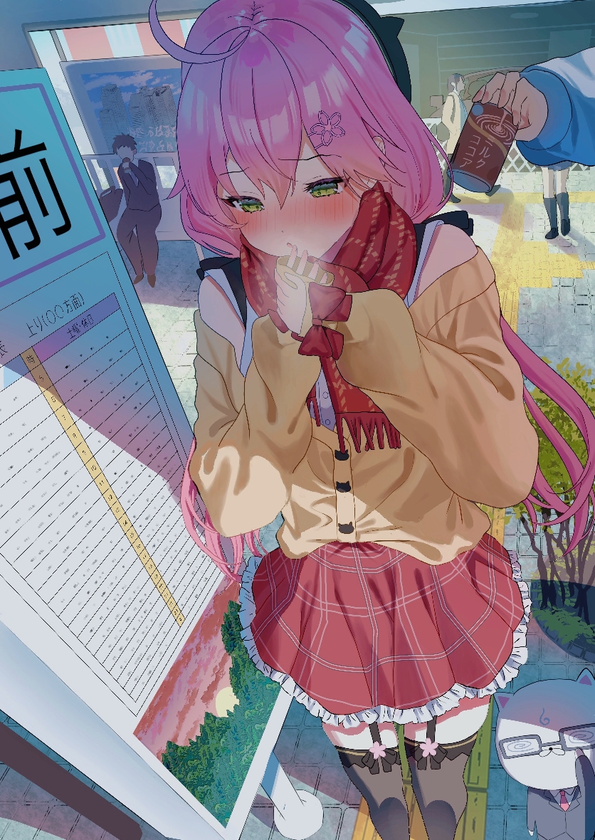 1girl, 35p_(sakura_miko), ahoge, beret, black_hat, black_thighhighs, blush, breath