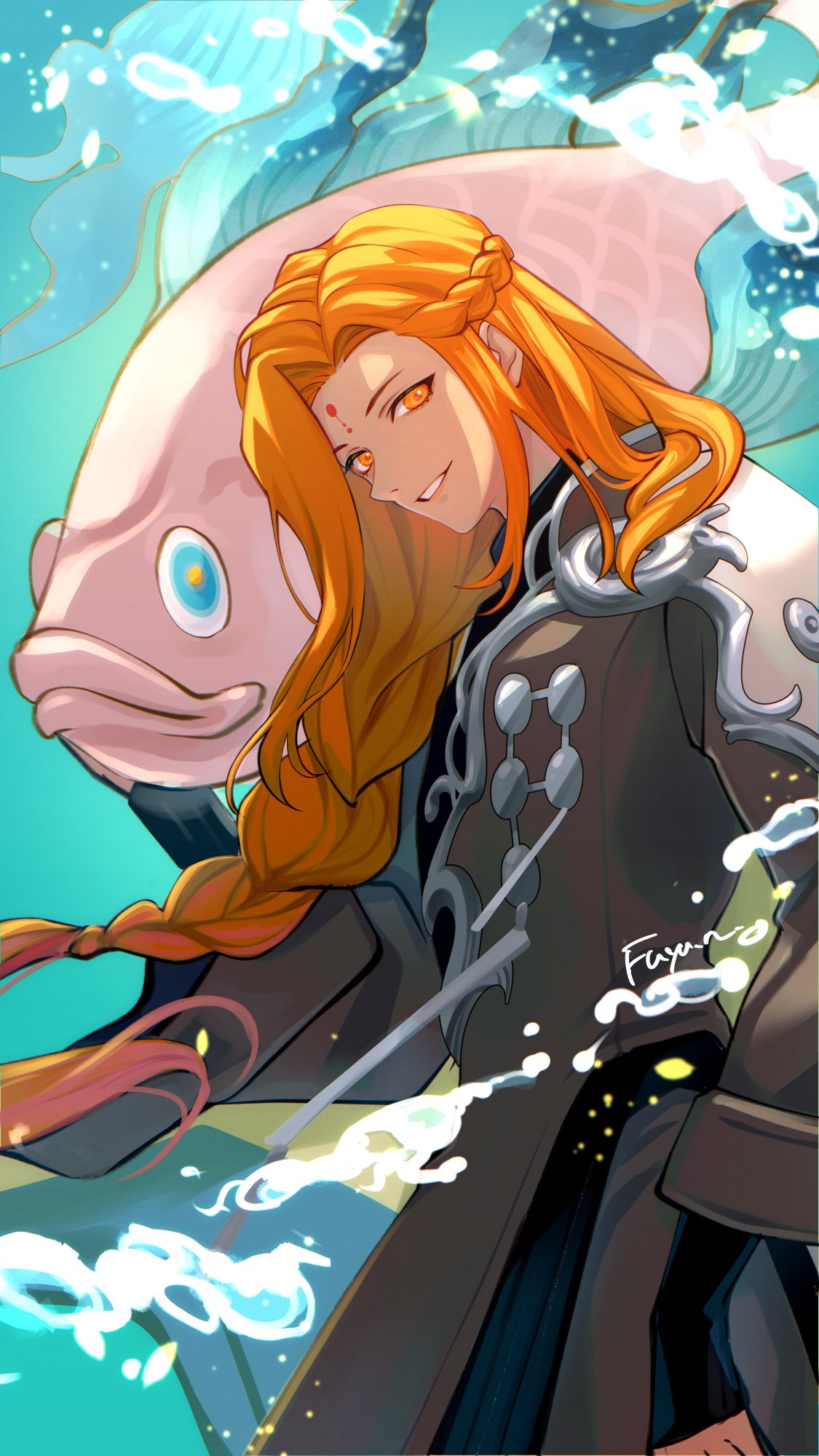 1boy, 1other, androgynous, braid, clothing_request, dislyte, facial_mark, fish