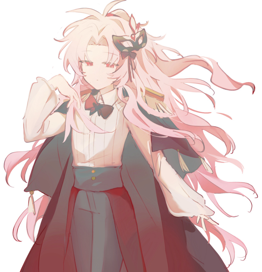 1boy, alternate_costume, androgynous, antenna_hair, black_cape, black_pants, bow, bowtie