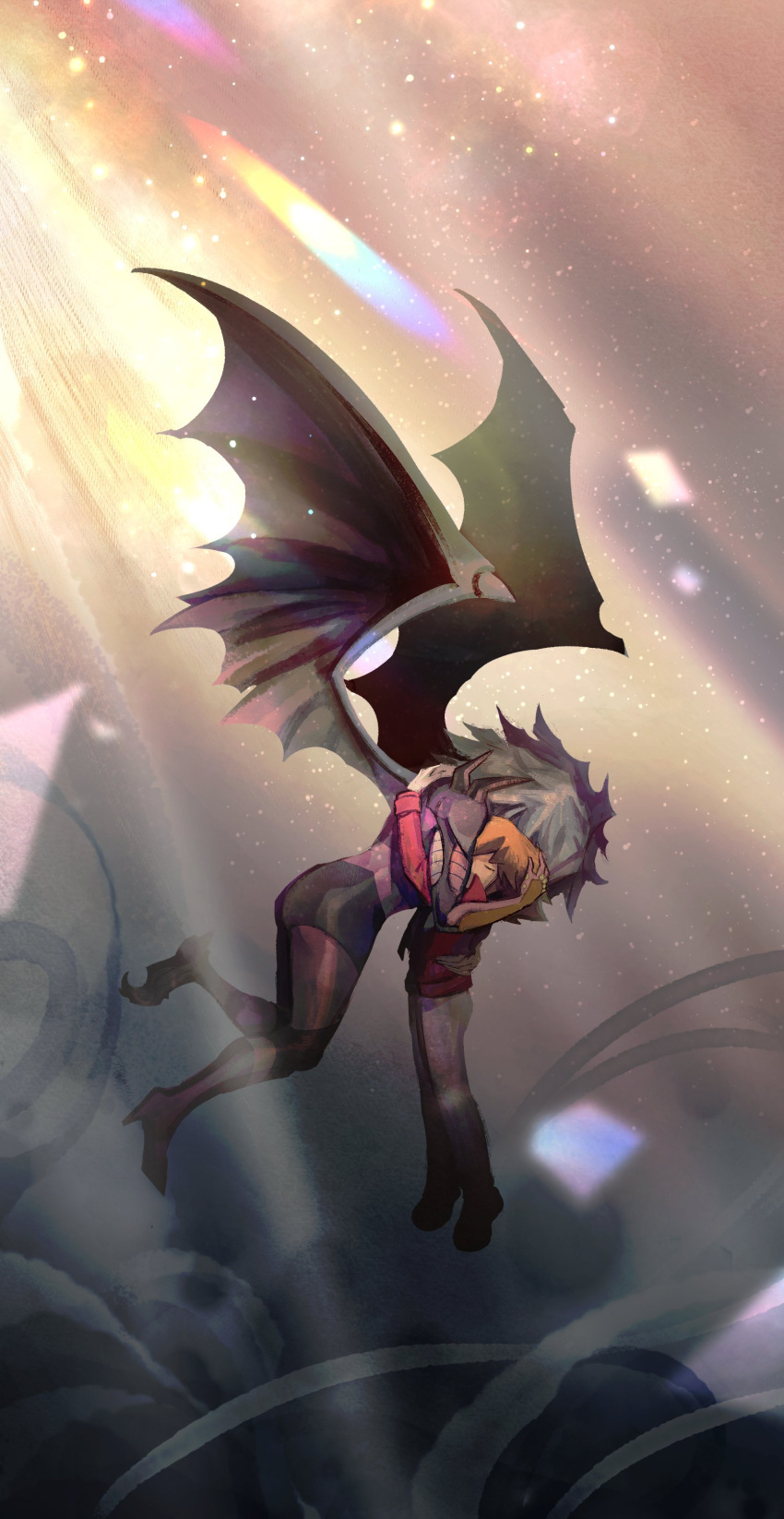 1boy, 1other, absurdres, brown_hair, closed_eyes, demon_wings, duel_academy_uniform_(yu-gi-oh!_gx), duel_monster