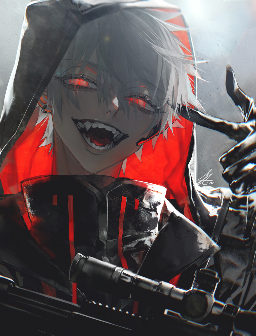 1boy, au_(d_elete), black_gloves, black_jacket, earrings, fangs, finger_gun, finger_gun_to_head