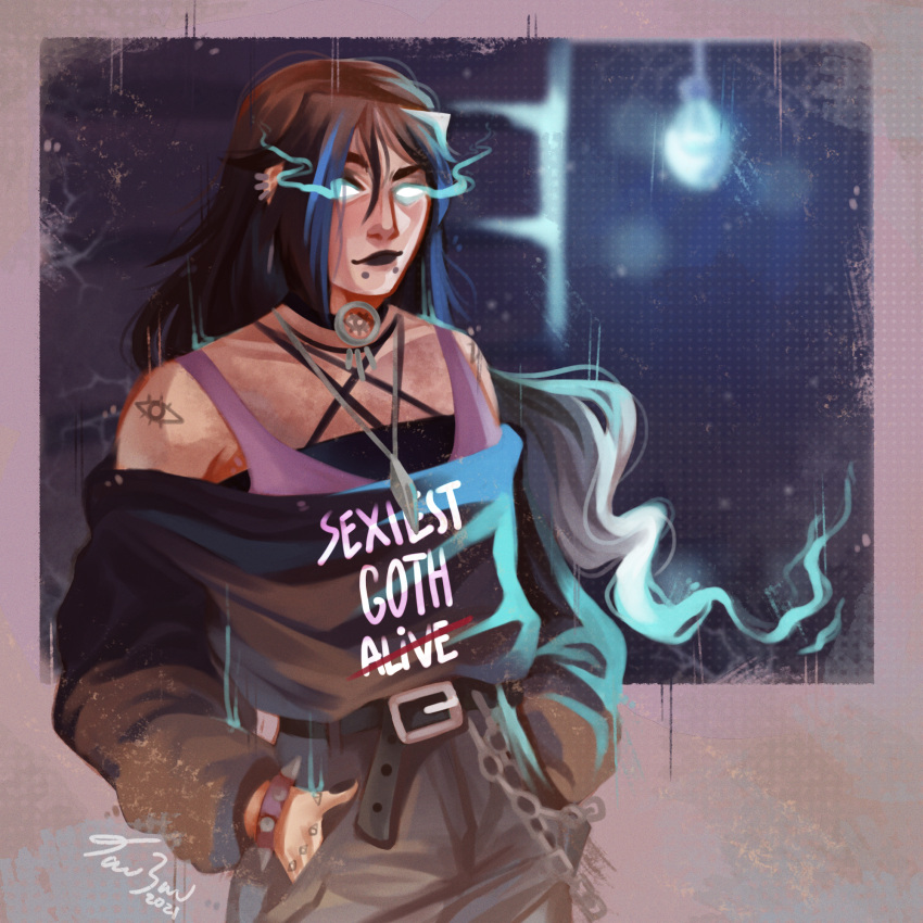 1boy, androgynous, aqua_eyes, asymmetrical_bangs, bare_shoulders, belt, belt_chain, black_choker, black_hair, black_nails, black_shirt, blue_background, border, bracelet, brown_border, brown_hair, choker, clothes_writing, collarbone, commentary, cowboy_shot, criss-cross_halter, dated, ear_piercing, english_commentary, eye_tattoo, eyes_of_nine, finger_tattoo, gerard_keay, ghost, glowing, glowing_eyes, goth_fashion, grey_pants, halftone, halftone_background, halterneck, hands_in_pockets, highres, jewelry, ladder, light_bulb, lips, long_hair, long_sleeves, looking_at_viewer, multicolored_hair, multiple_necklaces, multiple_piercings, neck_tattoo, necklace, off_shoulder, pants, piercing, purple_tank_top, roots_(hair), shirt, shoulder_tattoo, signature, smile, snakebite_(piercing), solo, standing, tank_top, tattoo, the_magnus_archives, white_eyes