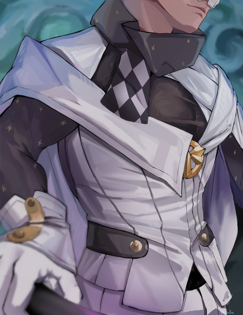 1boy, absurdres, blue_background, cape, closed_mouth, gloves, grey_shirt, head_out_of_frame