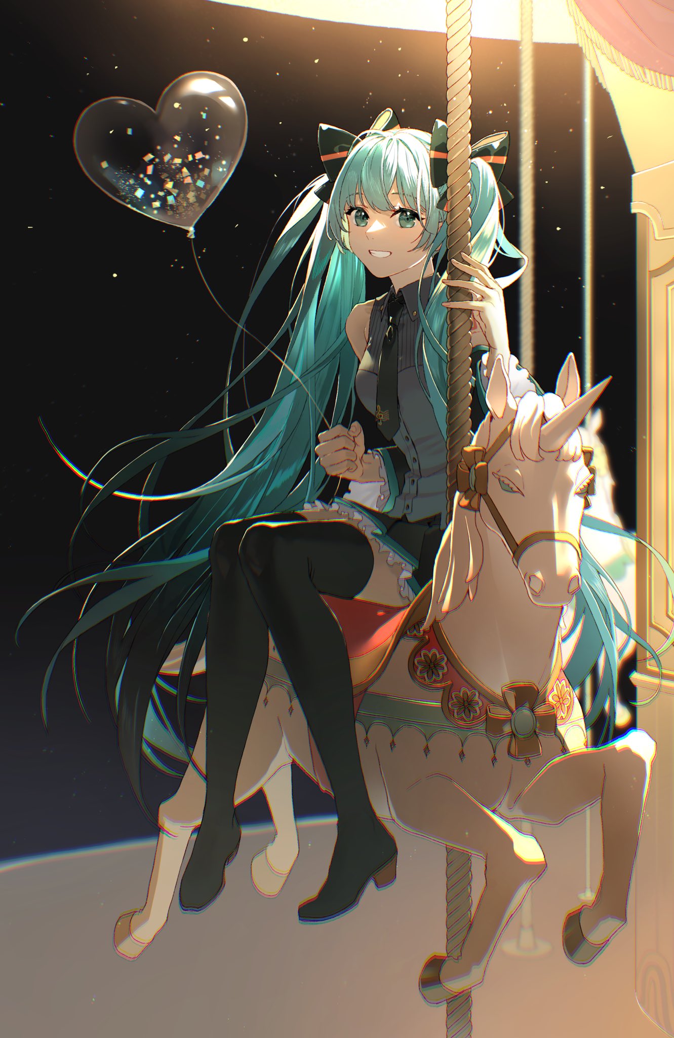 1girl, aqua_eyes, aqua_hair, armpit_crease, balloon, bare_shoulders, black_footwear, black_necktie