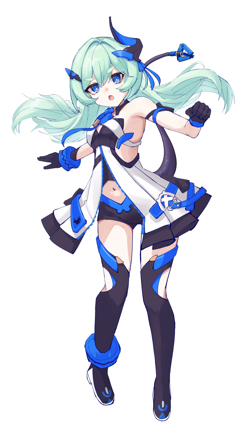 1girl, absurdres, black_footwear, black_gloves, blue_eyes, blue_hair, boots, dress