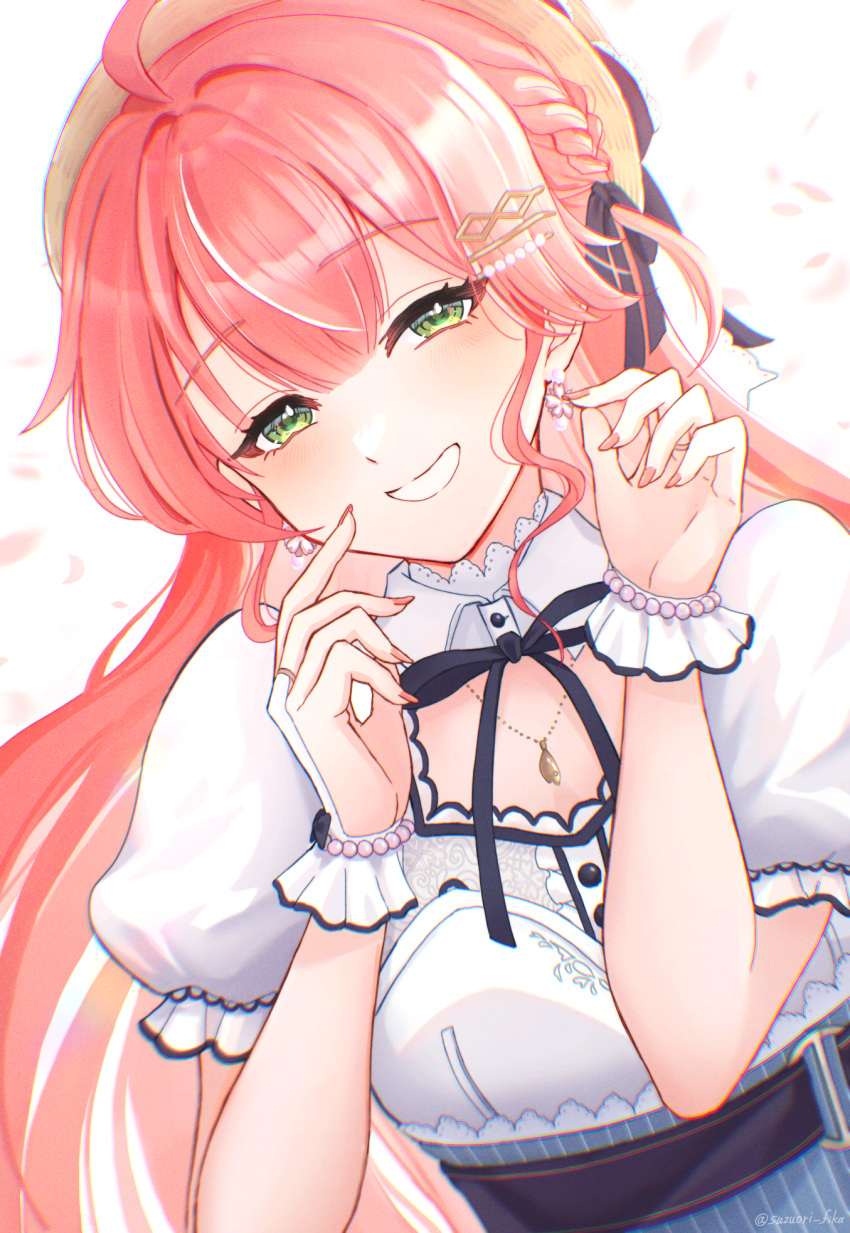 1girl, ahoge, belt, black_belt, black_ribbon, blue_skirt, blush, bridal_gauntlets