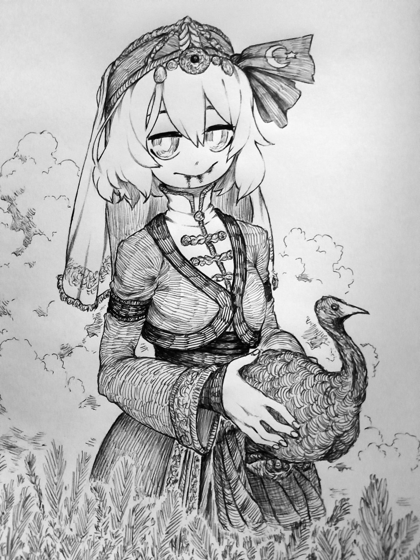 1girl, absurdres, animal, bird, blood_on_mouth, chronozbergh, closed_mouth, clothing_request, clouds, commentary, dress, english_commentary, flag_print, greyscale, hat, highres, holding, holding_animal, holding_bird, long_sleeves, looking_at_viewer, monochrome, rumia, solo, touhou, traditional_media, turkey_(bird), turkey_(country)