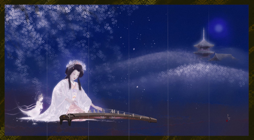 1girl, 1other, 2021, black_hair, cherry_blossoms, closed_mouth, highres, instrument, japanese_clothes, kimono, kiyomizu-dera, kneeling, koto_(instrument), ludanling, makeup, music, night, original, pink_kimono, playing_instrument, sky, star_(sky), starry_sky, temple