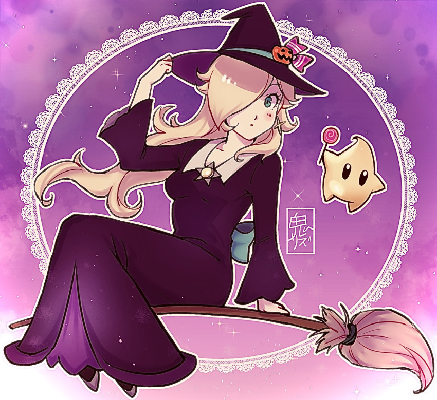1girl, blonde_hair, blue_eyes, brooch, broom, broom_riding, candy, commentary, dress, earrings, food, hair_over_one_eye, hat, highres, holding, holding_candy, holding_food, holding_lollipop, jack-o'-lantern_hat_ornament, jewelry, lollipop, long_hair, long_sleeves, looking_at_viewer, luma_(mario), mario_kart, mario_kart_tour, official_alternate_costume, onirizu, parted_lips, pink_background, purple_dress, purple_hat, rosalina, rosalina_(halloween), star_(symbol), star_brooch, star_earrings, super_mario_bros., swirl_lollipop, witch_hat