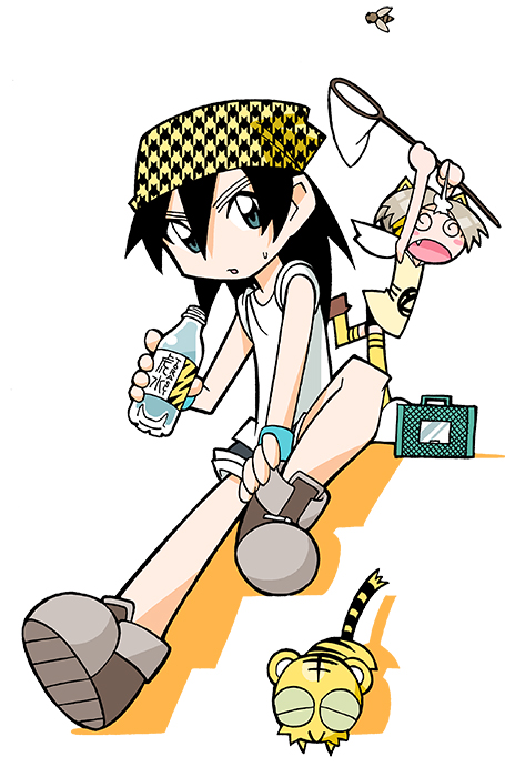 2girls, @_@, alternate_costume, animal_ears, animal_print, aqua_wristband, arms_up, bare_arms, bare_legs, bare_shoulders, black_hair, black_outline, black_shorts, black_tail, blue_eyes, blush_stickers, bottle, brown_footwear, bug, bug_box, butterfly_net, cicada, closed_eyes, closed_mouth, coco_(toranoana), colored_inner_animal_ears, colored_sclera, cub, detached_hood, double_horizontal_stripe, fake_animal_ears, fang, full_body, green_sclera, hand_net, headscarf, hood, hood_down, hoodie, houndstooth, light_brown_hair, logo_print, mukku_(mook-tv), multiple_girls, nonbiri_kotora, official_alternate_costume, official_art, open_mouth, outline, parted_bangs, poop, poop_on_head, print_hoodie, second-party_source, shadow, shirt, shoe_soles, short_shorts, short_sleeves, shorts, simple_background, sleeves_rolled_up, straight_hair, striped_clothes, striped_fur, striped_hoodie, striped_tail, striped_thighhighs, sweatdrop, tail, tenugui, thigh-highs, tiger, tiger_ears, tiger_print, tora_da_yo., torana, toranoana, v-shaped_eyebrows, water, water_bottle, white_background, white_hood, white_shirt, white_sleeves, wristband, yellow_fur, yellow_hood, yellow_hoodie, yellow_tail, yellow_thighhighs