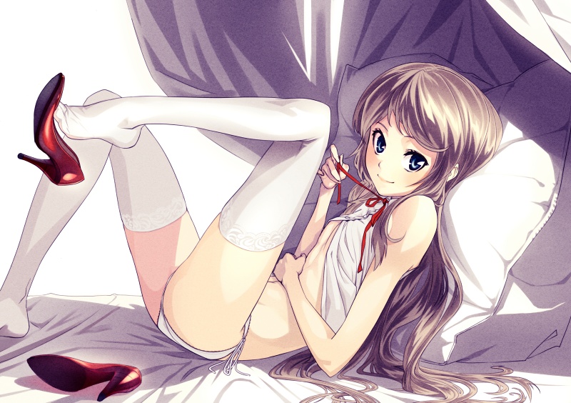 bed, blue_eyes, bottomless, brown_hair, feet, flat_chest, high_heels, leg_lift