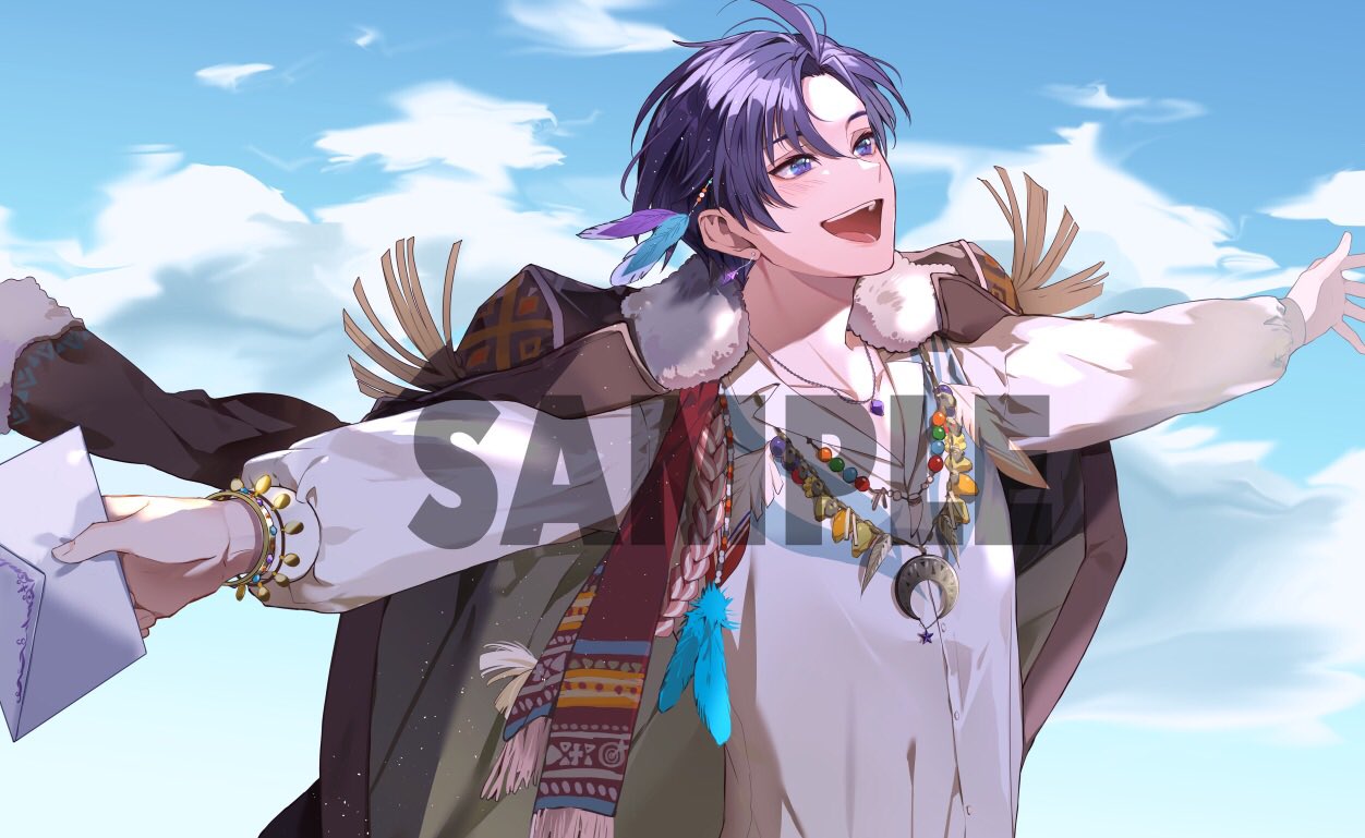 1boy, :d, bead_necklace, beads, bracelet, brown_jacket, clouds, collarbone, crescent, crescent_necklace, day, earrings, envelope, feather_hair_ornament, feathers, fringe_trim, fur-trimmed_jacket, fur_trim, hair_ornament, holding, holding_letter, jacket, jacket_on_shoulders, jewelry, kottaro_(starlight_polaris), letter, long_sleeves, looking_up, luka_ooooo, male_focus, necklace, outstretched_arms, parted_bangs, pendant, purple_hair, rope, shirt, short_hair, smile, spread_arms, starlight_polaris, teeth, upper_body, upper_teeth_only, violet_eyes, white_shirt, wing_collar
