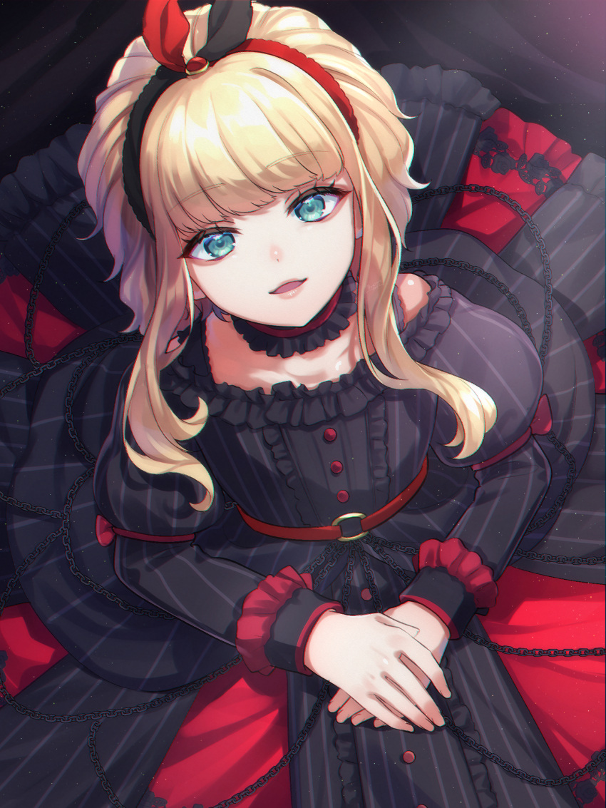 1girl, aqua_eyes, belt, black_bow, black_dress, black_hairband, blonde_hair, bow, bow_hairband, buttons, chain, choker, commentary_request, dress, elyse_(sound_horizon), frilled_choker, frilled_cuffs, frills, from_above, gothic_lolita, hairband, hands_on_lap, highres, juliet_sleeves, kishinaito, light_smile, lolita_fashion, long_sleeves, looking_at_viewer, own_hands_together, parted_lips, pink_lips, puffy_sleeves, red_belt, red_bow, red_choker, red_dress, red_hairband, sidelocks, sitting, sleeve_cuffs, solo, sound_horizon, striped_clothes, striped_dress, two-tone_dress, two-tone_hairband, vertical-striped_clothes, vertical-striped_dress