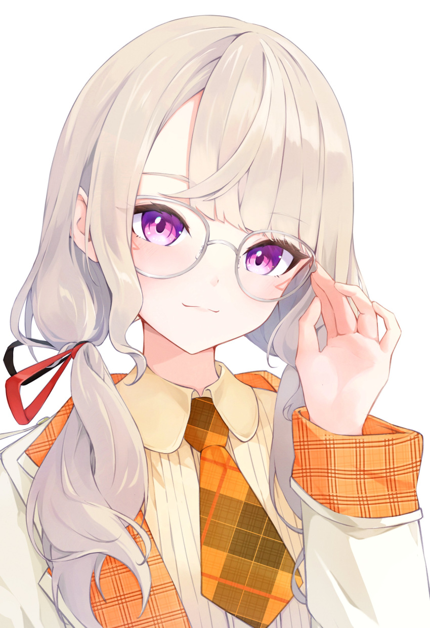 1girl, absurdres, blazer, blunt_bangs, collared_shirt, evanstan, facial_mark, glasses