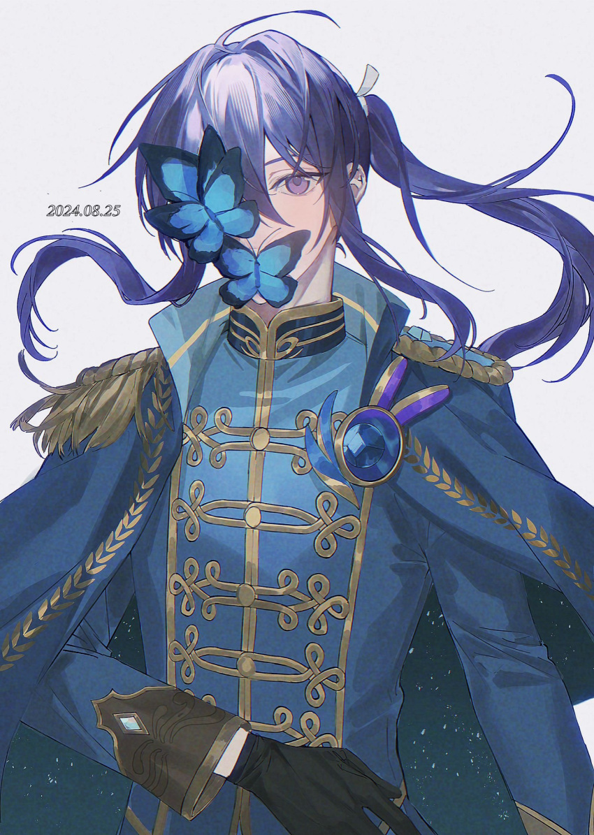 1boy, ahoge, black_gloves, blue_butterfly, blue_cape, blue_gemstone, blue_jacket, brown_sleeve_cuffs