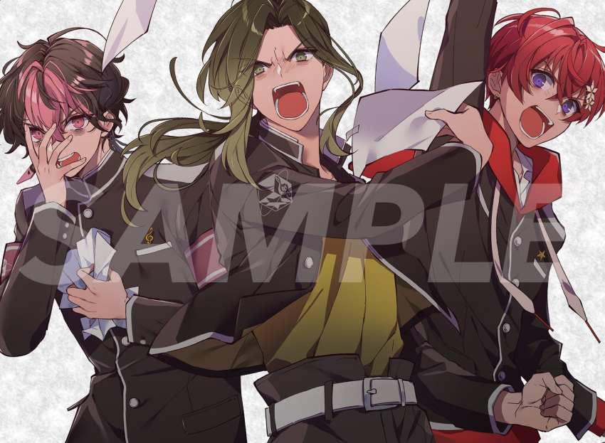 3boys, angry, arm_up, armband, bags_under_eyes, belt, belt_buckle, black_hair