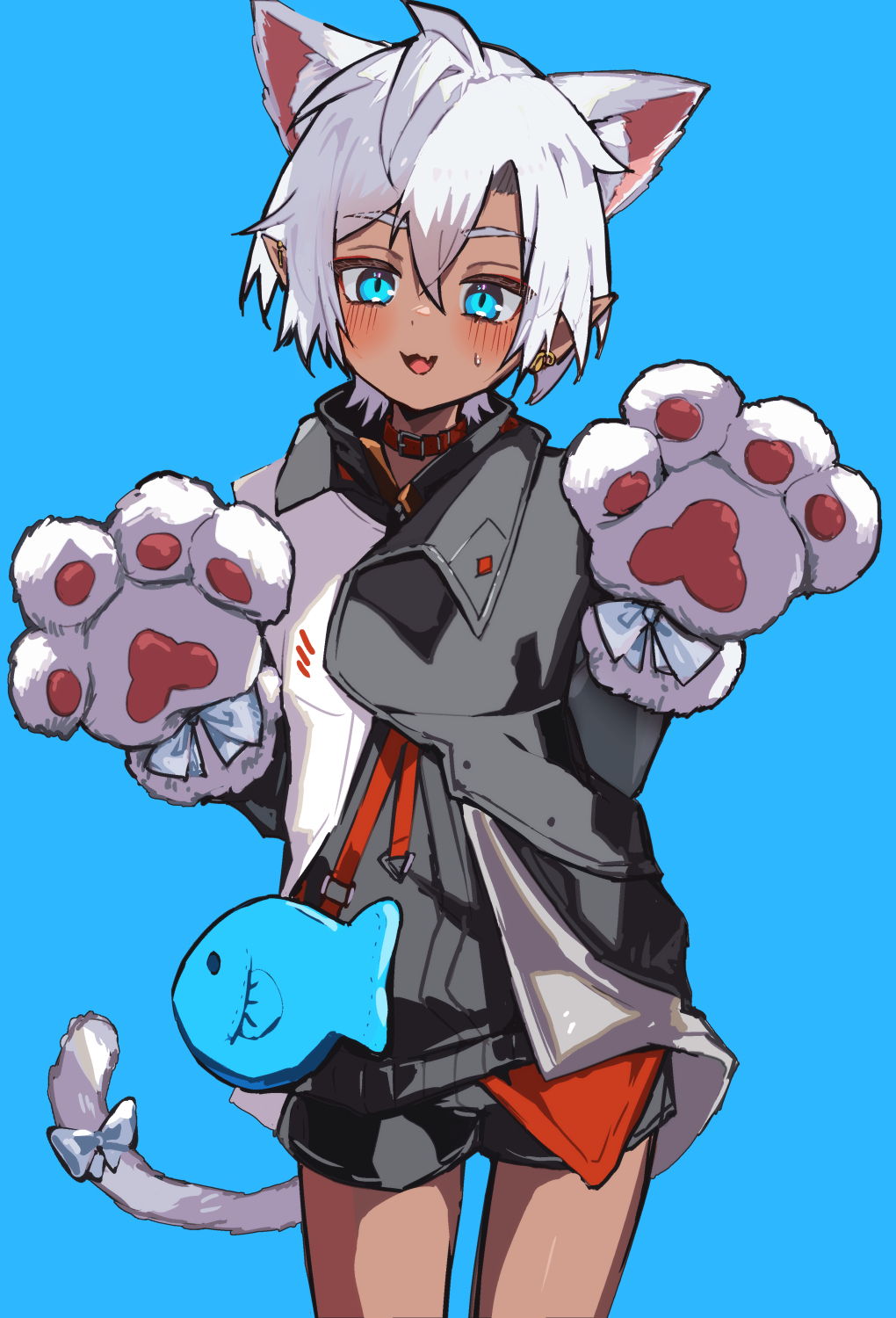 1boy, :3, ahoge, alternate_costume, animal_ear_fluff, animal_ears, animal_hands, bag, belt_collar, black_jacket, blue_background, blue_bow, bow, cat_boy, cat_ears, cat_paws, cat_tail, child, collar, commentary_request, cowboy_shot, crossed_bangs, curtains, dark-skinned_male, dark_elf, dark_skin, ear_piercing, elf, eyeliner, fish_bag, gloves, hair_between_eyes, highres, jacket, long_bangs, long_sleeves, makeup, male_focus, multicolored_clothes, multicolored_jacket, open_mouth, orange_shirt, original, otoko_no_ko, paw_gloves, piercing, pointy_ears, raised_eyebrows, red_eyeliner, shirt, short_hair, short_shorts, shorts, shoulder_bag, simple_background, sweat, tail, tail_bow, tail_ornament, tongue, two-tone_jacket, virtual_youtuber, white_hair, yoruhachi