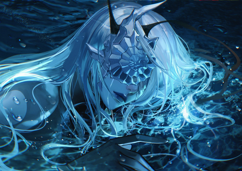 1girl, absurdres, blue_theme, caustics, chinese_commentary, commentary, expressionless, eye_mask