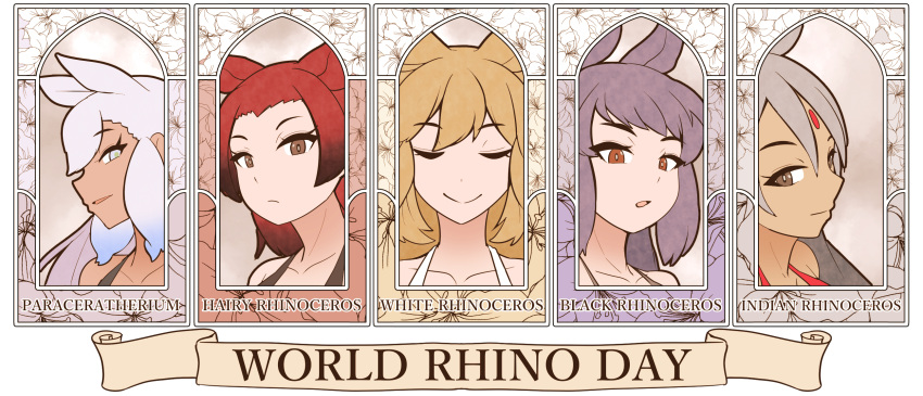 5girls, animal_ears, art_nouveau, black_rhinoceros_(kemono_friends), blonde_hair, brown_eyes, closed_eyes, dress
