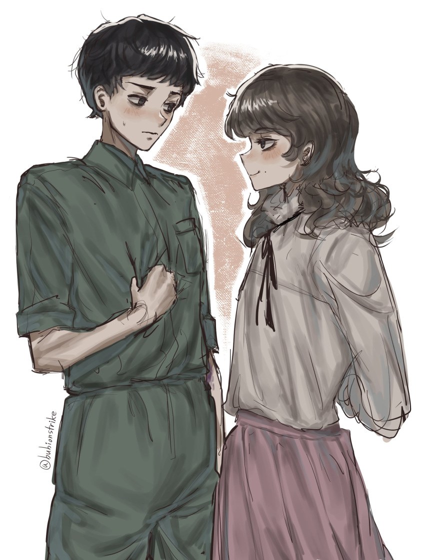 1boy, 1girl, absurdres, arm_at_side, arms_behind_back, black_hair, black_ribbon, blush, breast_pocket, brown_background, brown_hair, bubionstrike, closed_mouth, clutching_chest, commentary_request, cowboy_shot, fear_&amp;_hunger_(series), fear_&amp;_hunger_2:_termina, frilled_shirt_collar, frills, green_jumpsuit, highres, jumpsuit, korean_commentary, levi_(fear_&amp;_hunger), long_hair, long_sleeves, looking_at_another, marina_(fear_&amp;_hunger), mouth_piercing, neck_ribbon, pink_skirt, pocket, ribbon, shirt, shirt_tucked_in, short_hair, short_sleeves, sketch, skirt, smile, track_marks, twitter_username, two-tone_background, white_background, white_shirt