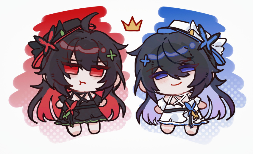2girls, absurdres, ahoge, bilizinger, black_dress, black_hat, chibi, chibi_only, chinese_commentary, closed_mouth, colored_inner_hair, commentary_request, dress, hair_between_eyes, hat, highres, honkai_(series), honkai_impact_3rd, long_hair, looking_at_viewer, multicolored_hair, multiple_girls, official_alternate_costume, pout, purple_hair, red_eyes, redhead, seele_vollerei, seele_vollerei_(papilio_lily), seele_vollerei_(swallowtail_phantasm), smile, very_long_hair, violet_eyes, white_dress, white_hat
