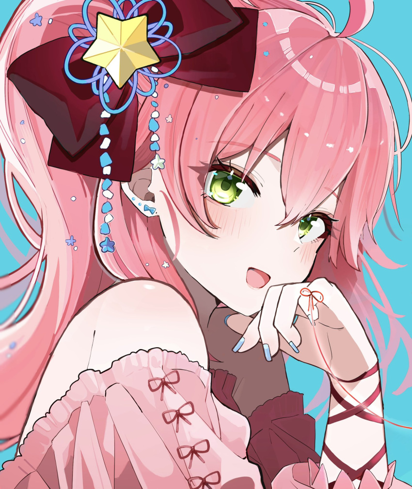 1girl, ahoge, alternate_costume, arm_ribbon, bare_shoulders, blush, bow, boxterebityan3
