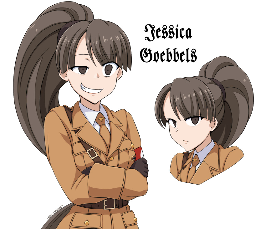 1girl, armband, artist_name, badge, belt, belt_buckle, black_eyes, black_gloves
