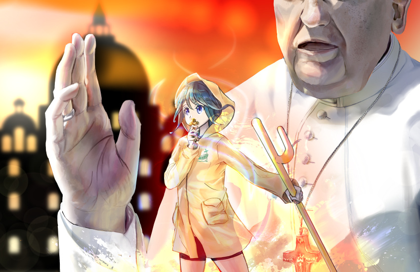 1boy, 1girl, absurdres, black_shorts, blue_eyes, blue_hair, cane, capelet