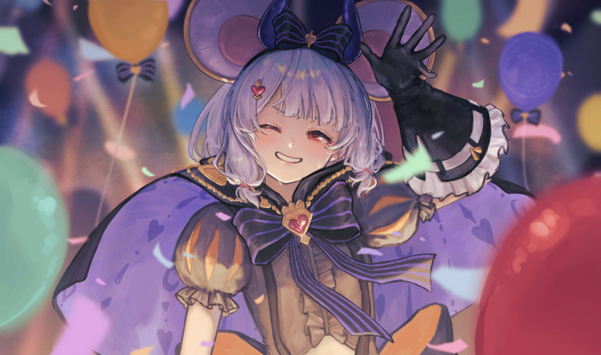 1girl, absurdres, animal_ears, balloon, black_dress, black_gloves, brooch, clothing_cutout
