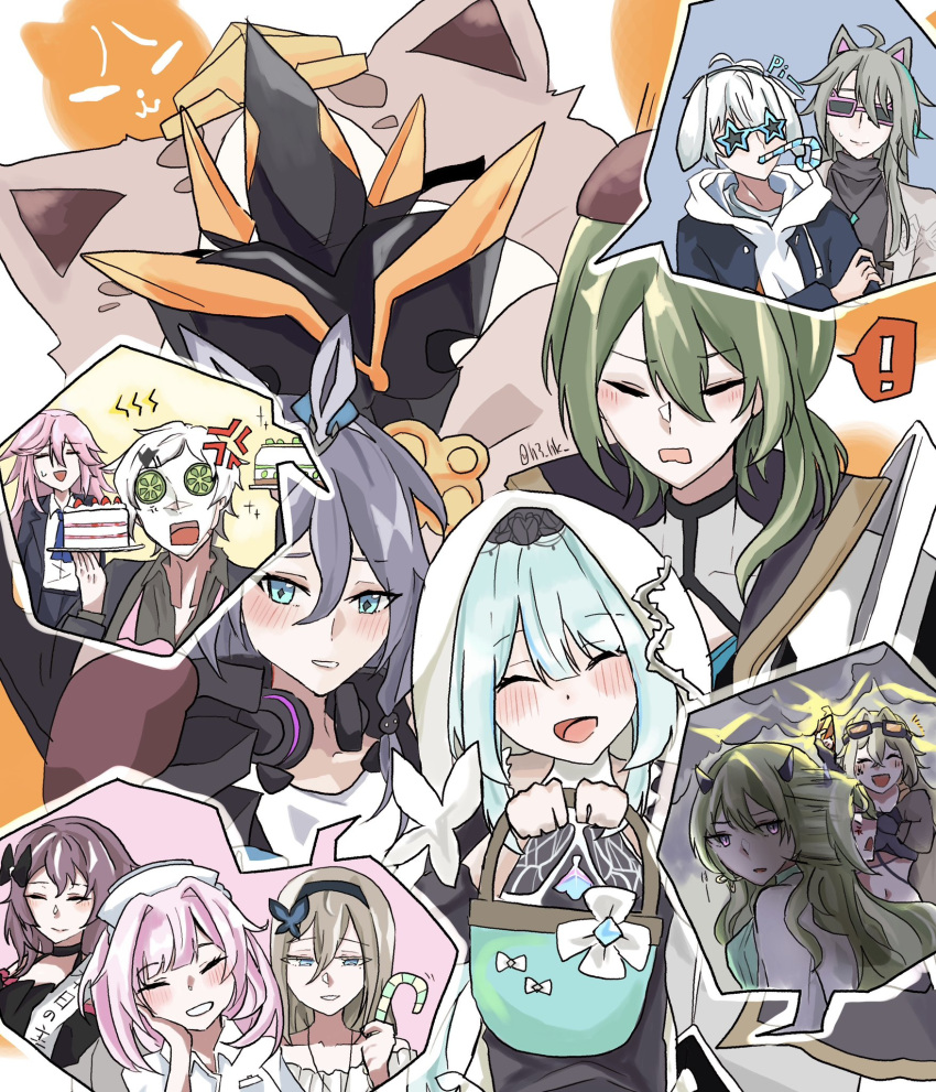 !, 4boys, 6+girls, anger_vein, animal_ears, aponia_(honkai_impact), aponia_(honkai_impact)_(cosplay), basket