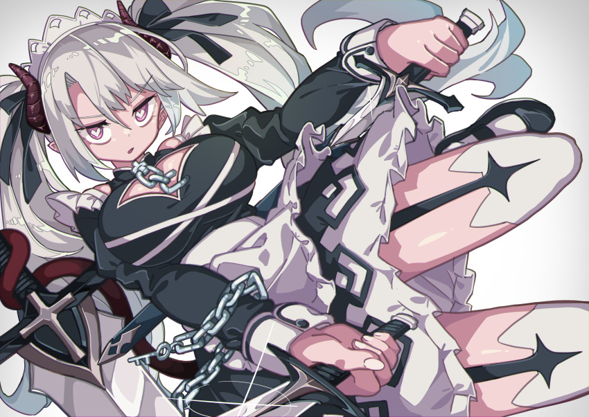 1girl, aoi_kujira, apron, black_dress, black_footwear, black_ribbon, breasts, broken