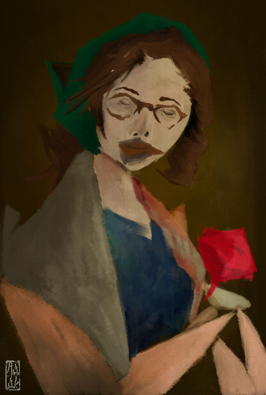 1girl, abbbbbbk, alma_(monster_hunter_wilds), brown-framed_eyewear, brown_background, brown_hair, faux_traditional_media, glasses