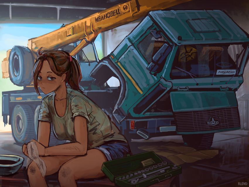 1girl, absurdres, bench, blue_shorts, brown_eyes, brown_hair, crane_truck, dirty