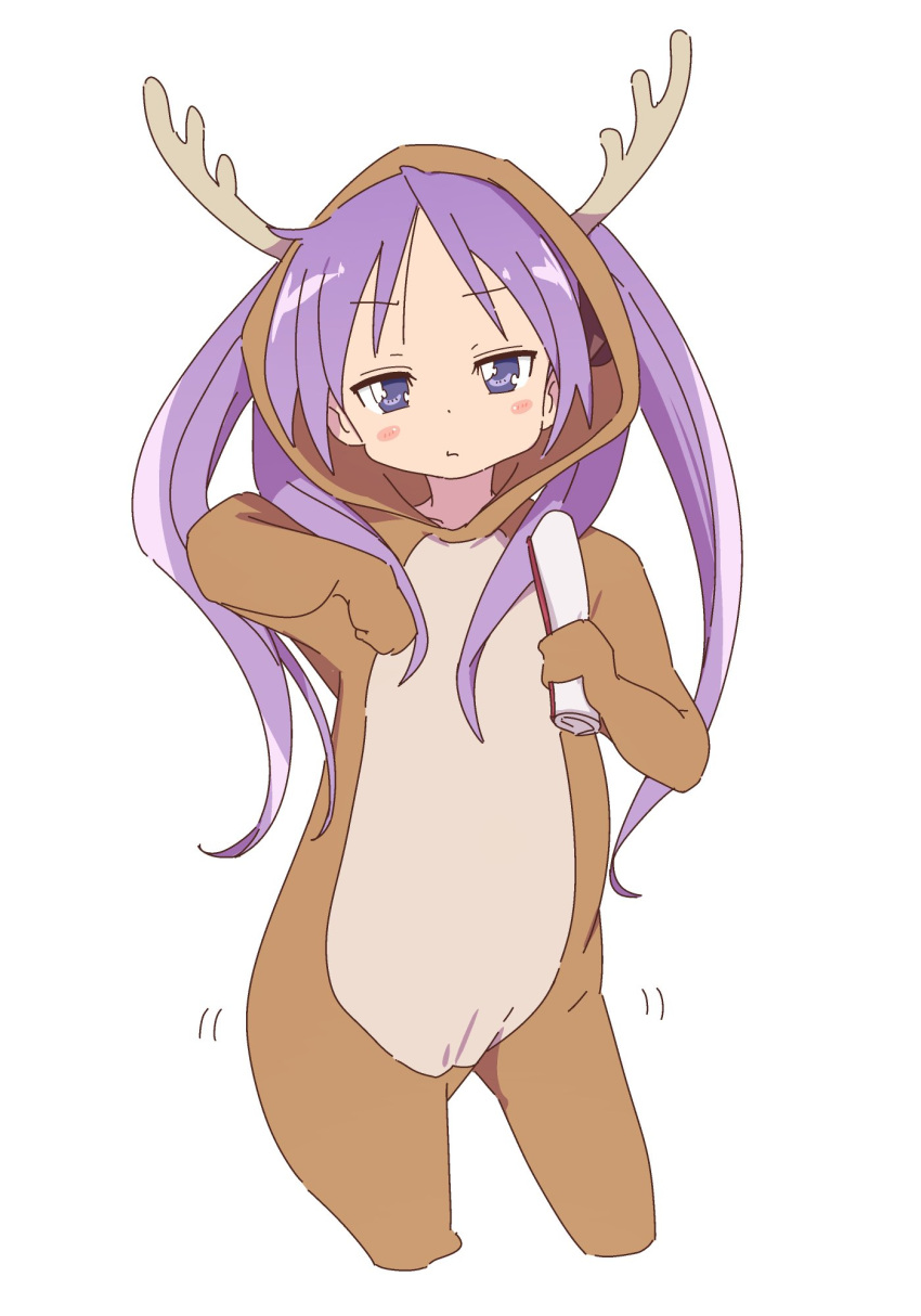 1girl, :t, animal_costume, antlers, bluearcadegames, blush_stickers, cosplay, cropped_legs