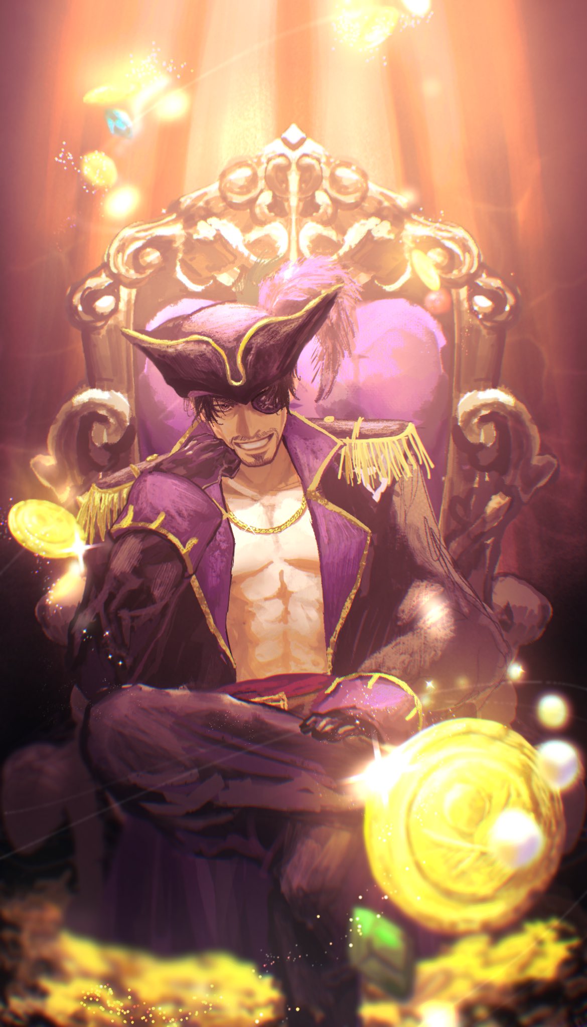 1boy, abs, belt, black_gloves, black_hair, captain_majima, eyepatch, facial_hair, gloves, goatee, hat, hehehe3333333, highres, jewelry, looking_at_viewer, majima_goro, male_focus, necklace, open_clothes, pirate_costume, pirate_hat, ryuu_ga_gotoku_(series), ryuu_ga_gotoku_8_gaiden, short_hair, sitting