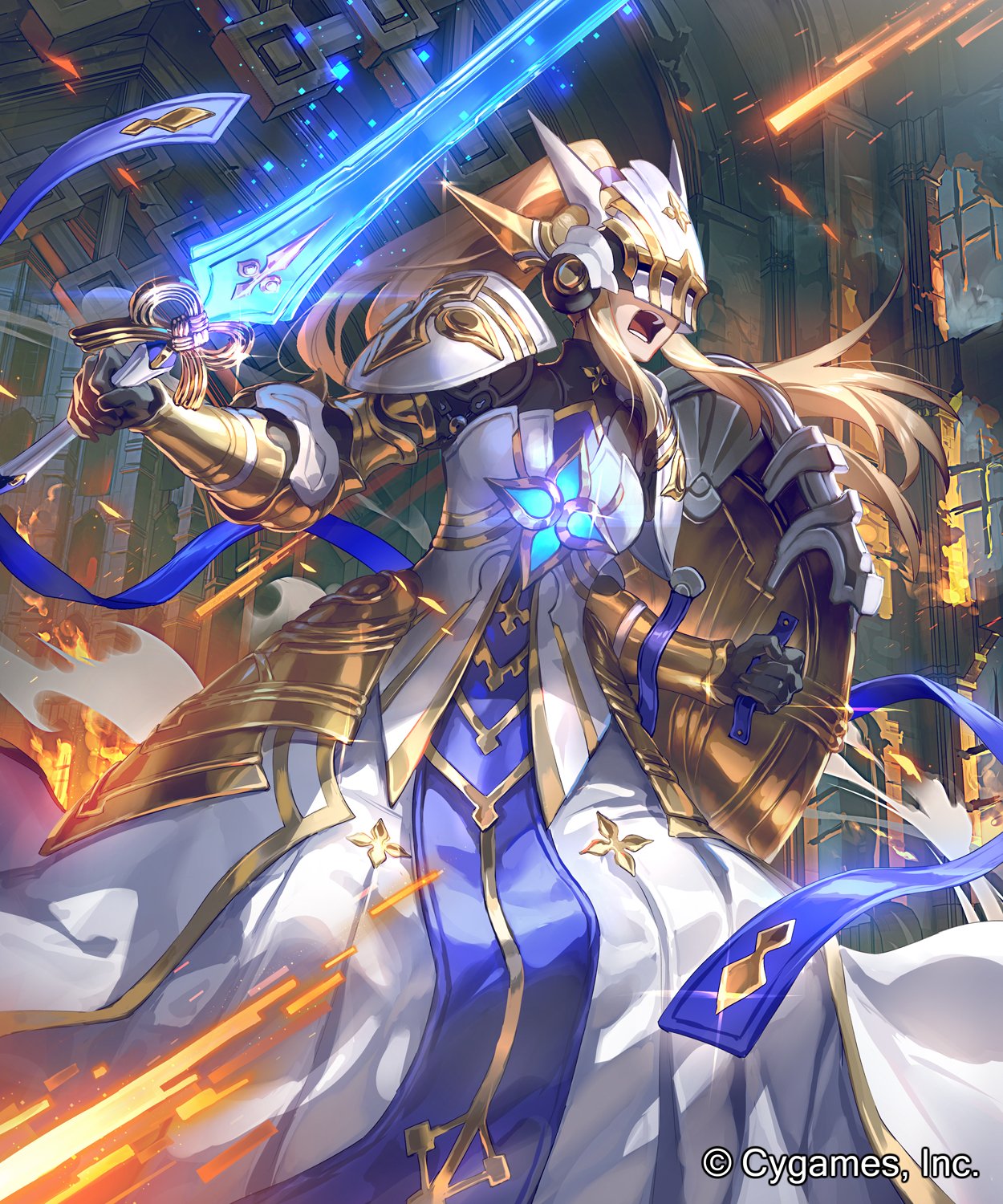 1girl, armor, armored_dress, blonde_hair, breasts, broken_window, commentary_request, company_name