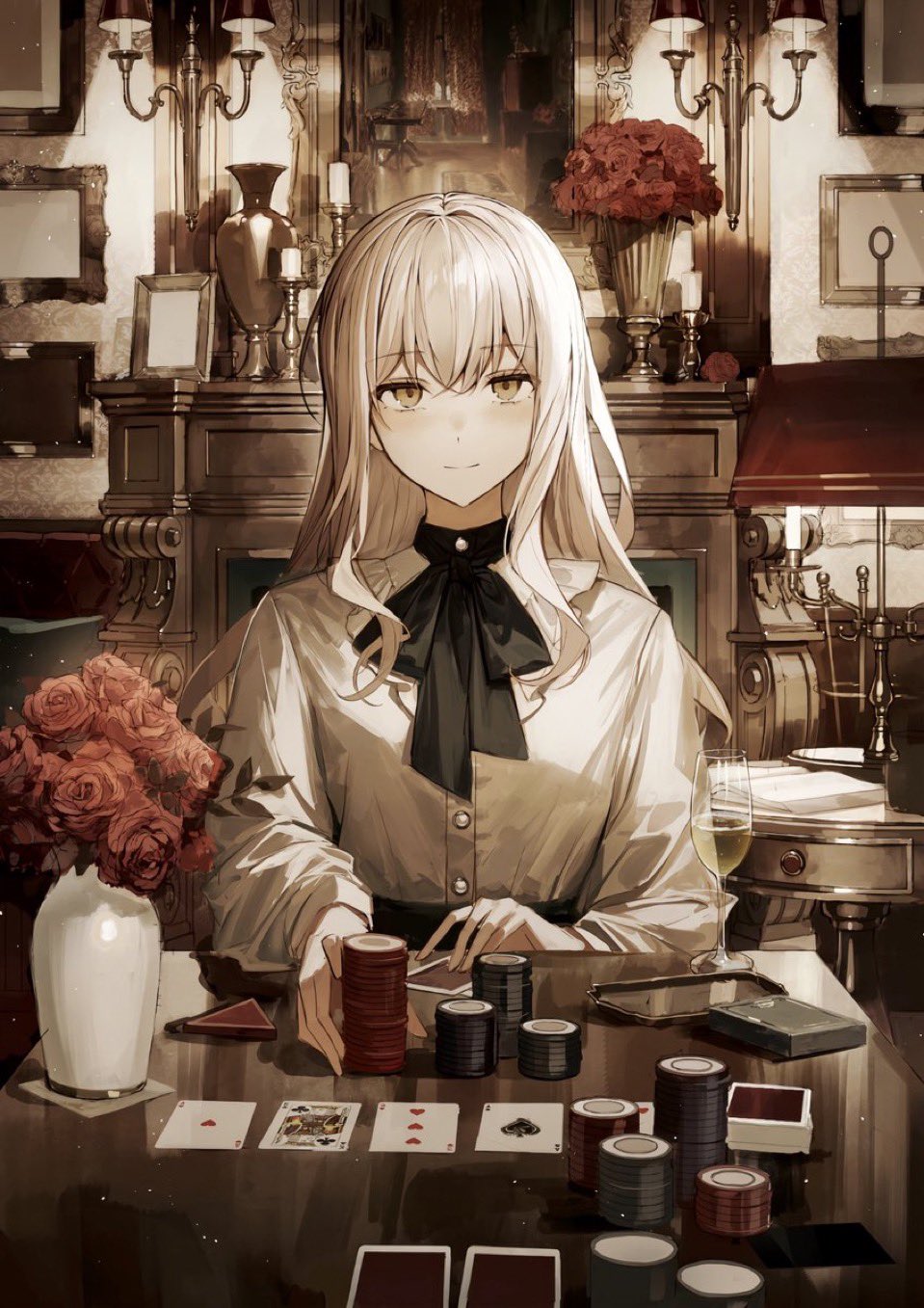 1girl, ace_(playing_card), ace_of_hearts, alcohol, ascot, black_ascot, book, candle, candlestand, card, closed_mouth, collared_shirt, commentary_request, cup, dress_shirt, drinking_glass, fireplace, flower, heart, highres, indoors, jack_(playing_card), jack_of_clubs_(playing_card), long_hair, looking_at_viewer, open_book, original, picture_frame, playing_card, poker, poker_chip, pov, rose, shirt, shirt_tucked_in, sitting, smile, solo, table, tamitami, texas_hold_'em, vase, white_hair, white_shirt, wine_glass, yellow_eyes