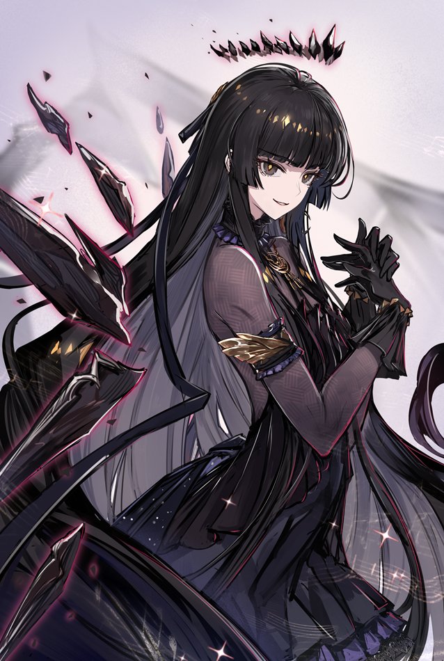 1girl, arknights, black_dress, black_gloves, black_hair, dress, gloves, hair_ornament